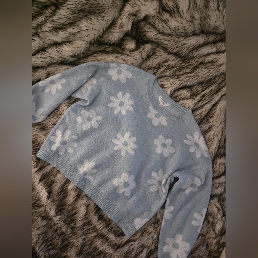 No Boundaries Floral Light Blue Knit Sweater